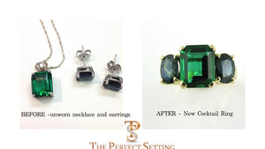 Before and After Photo of reset necklace and earrings to ring