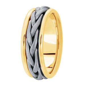 Hand woven mens wedding band two tone yellow gold