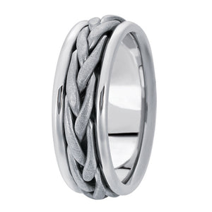 Hand woven mens wedding band white gold