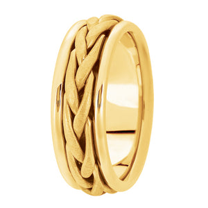 Hand woven mens wedding band yellow gold