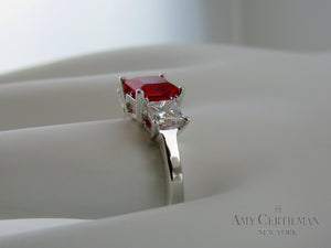 Lab Created Ruby and Diamond Three Stone Engagement Ring