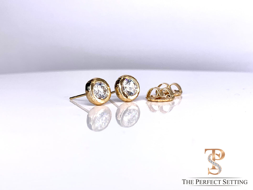 Lab diamonds bezel set rustic gold earrings
