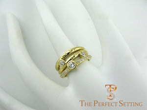 Rustic diamond right hand ring yellow gold on finger