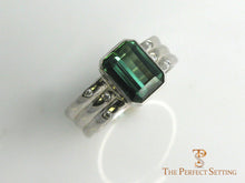 Load image into Gallery viewer, Bezel set tourmaline and diamonds in 14K white gold.