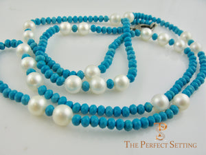 Diamond Cut Turquoise  and Large Pearl Necklace with Modern Diamond Clasp
