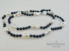 Load image into Gallery viewer, Lapis and Baroque Pearl Necklace with Magnetic Clasp