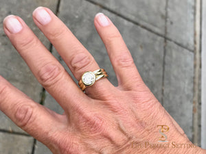 Bezel Set Diamond 18K Green Gold Custom Signature Ring on finger