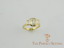 Load image into Gallery viewer, 3 stone emerald cut diamond custom bezel set ring
