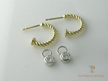 Load image into Gallery viewer, gold hoop earrings with removable diamond drop bezel set