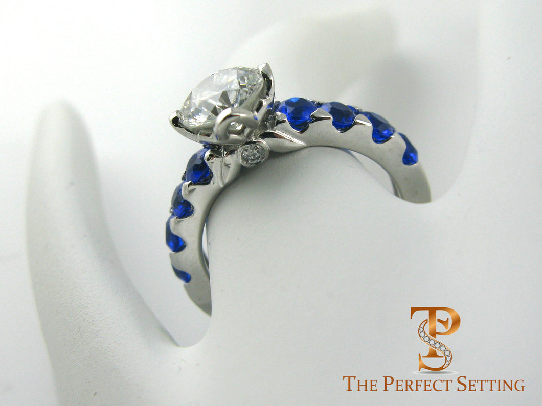Lotus flower diamond and sapphire engagement ring 