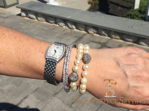 pearls on stretchy bracelet diamond charm client's writs