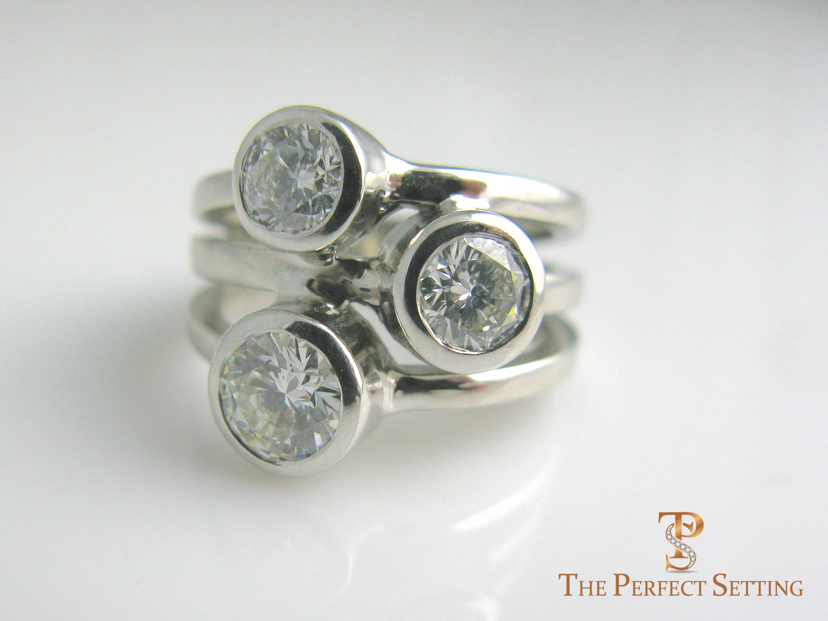 Customizable Three Stone Ring Bezel Setting Yellow Gold The