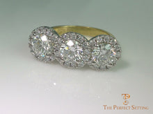 Load image into Gallery viewer, three stone diamond halo ring on side