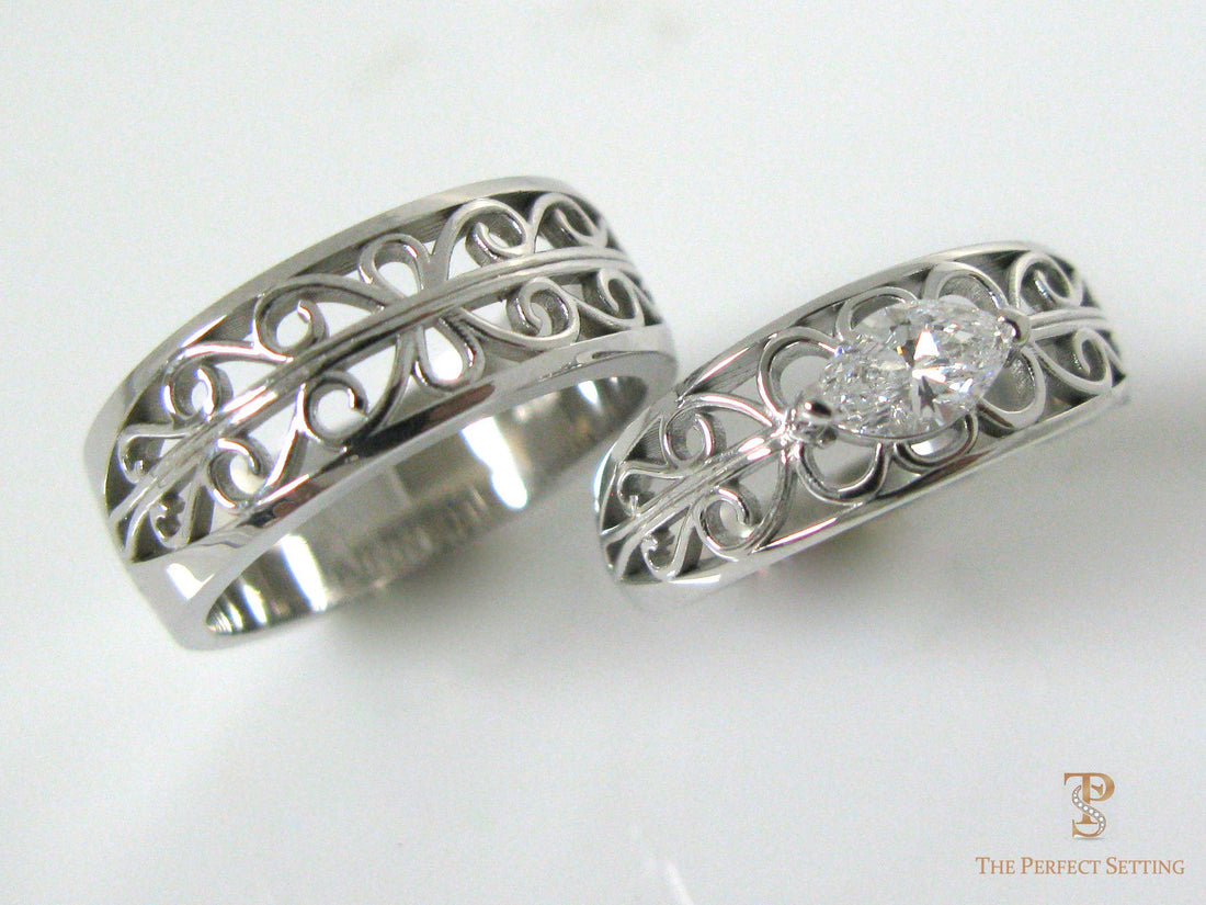 A Creation Story - Matching Gold and Marquise Diamond Scroll Rings