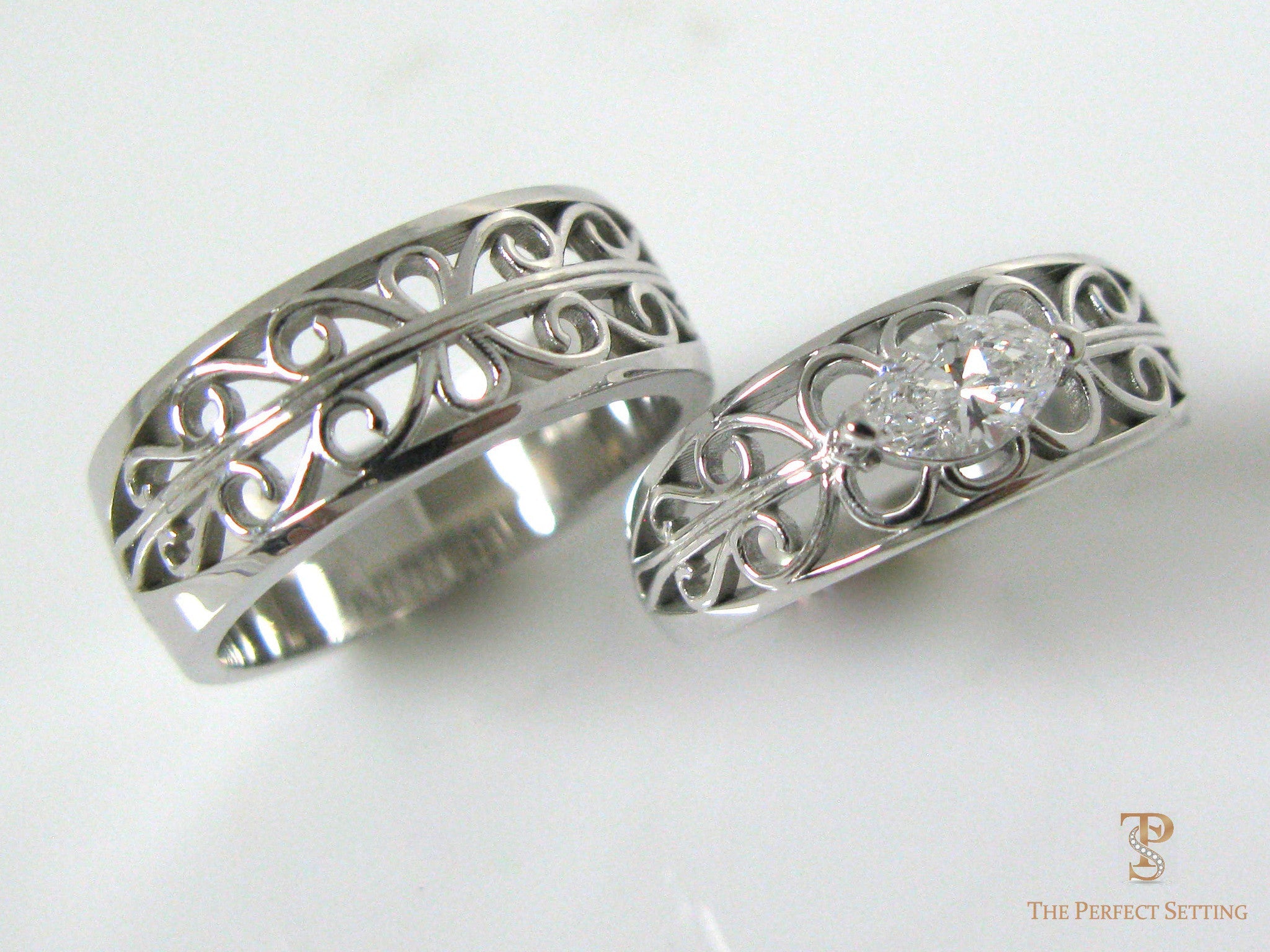 A Creation Story - Matching Gold and Marquise Diamond Scroll Rings