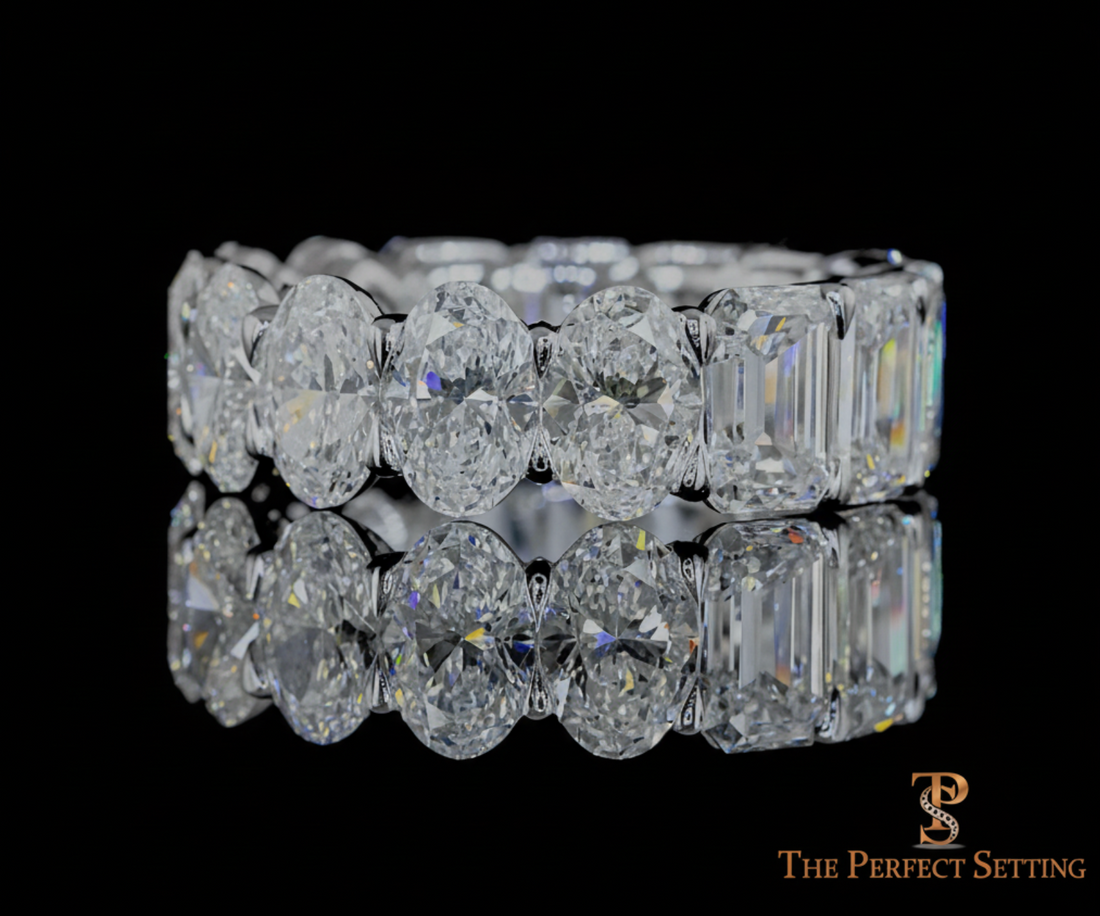 Multi-faceted eternity band with alternating emerald cut and oval diamonds — designed by Amy Certilman at The Perfect Setting