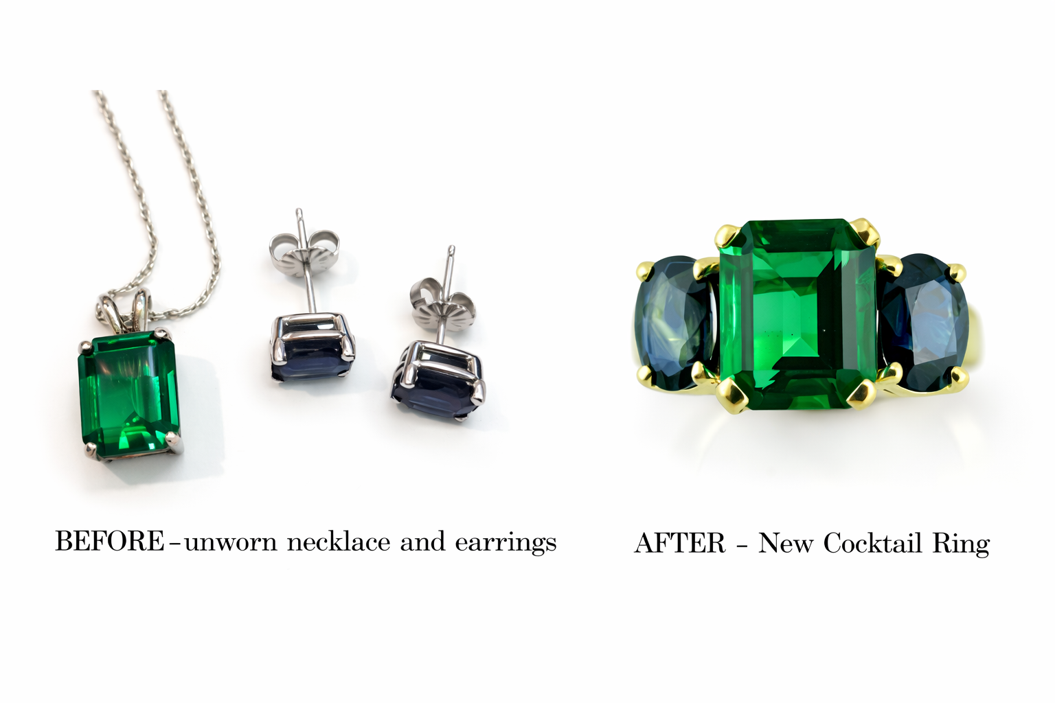 resetting before and after jewelry transformation necklace earrings to cocktail ring 