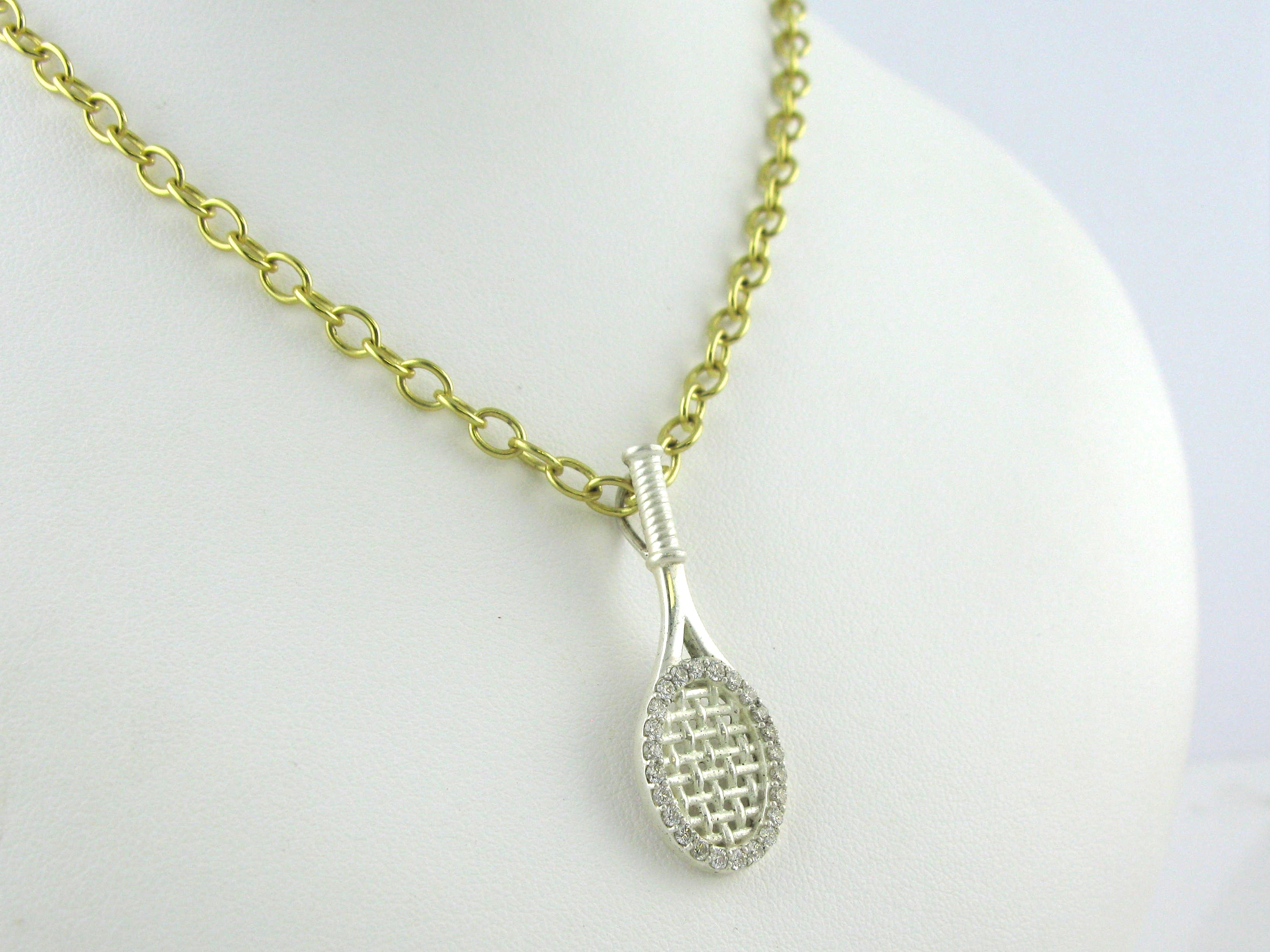 Tennis racket pendant on gold chain