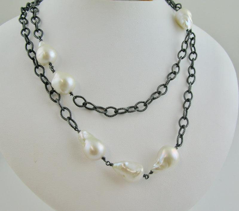 Rocker Baroque Pearl and Oxidized Chain Necklace