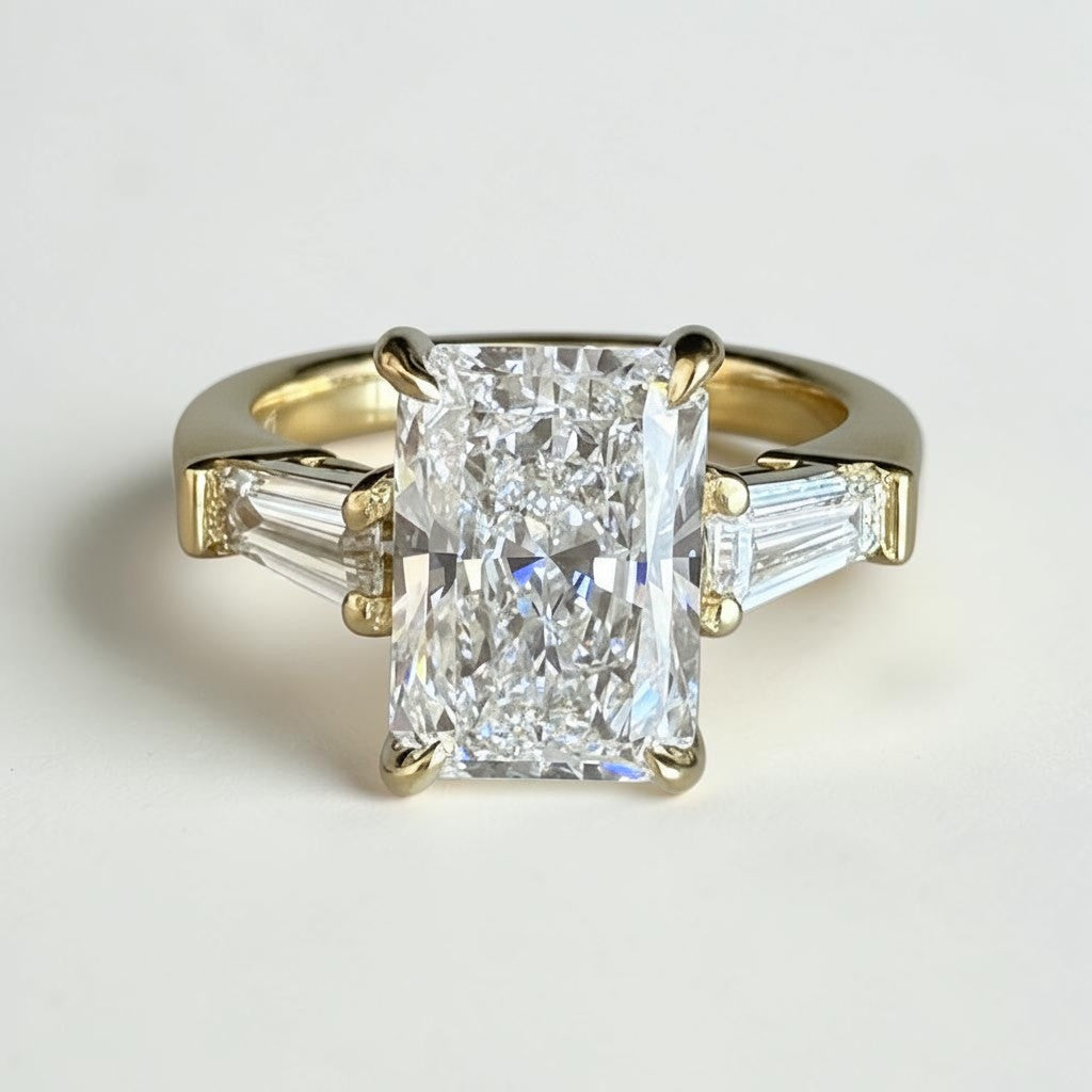 Radiant Cut Diamond Engagement Ring with Baguettes in 18K Yellow Gold