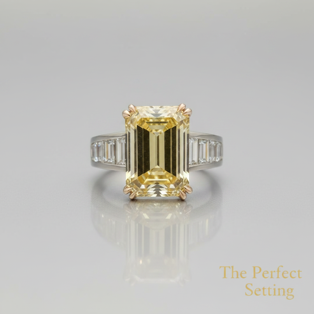 A yellow emerald-cut diamond ring with a platinum band featuring baguette side stones, displayed on a black velvet ring box.