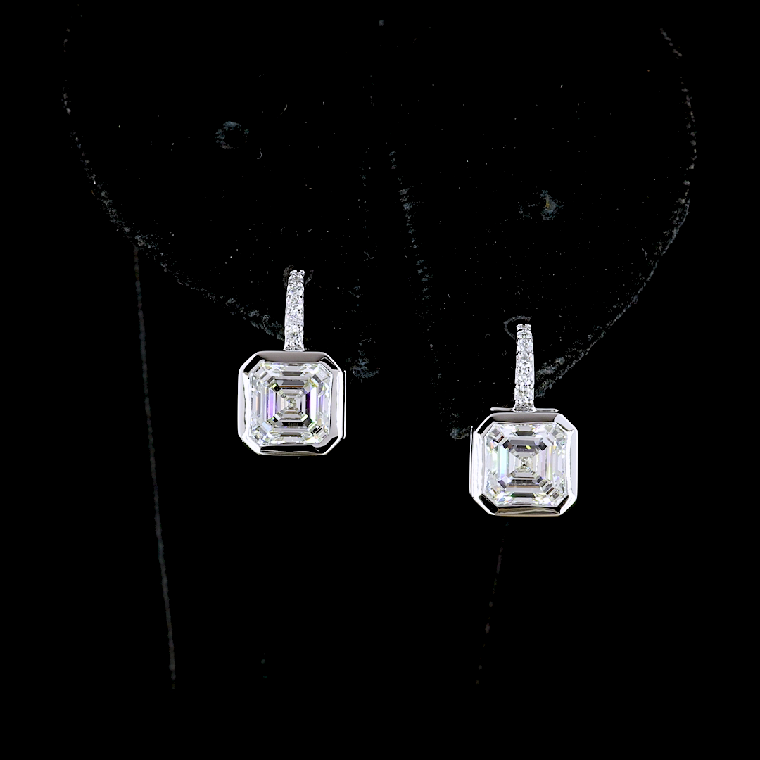 Asscher Diamond Bezel Earrings in 14K White Gold