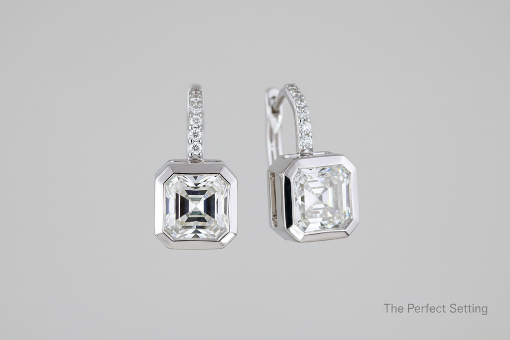 asscher cut Diamond earrings on a hinged wire 