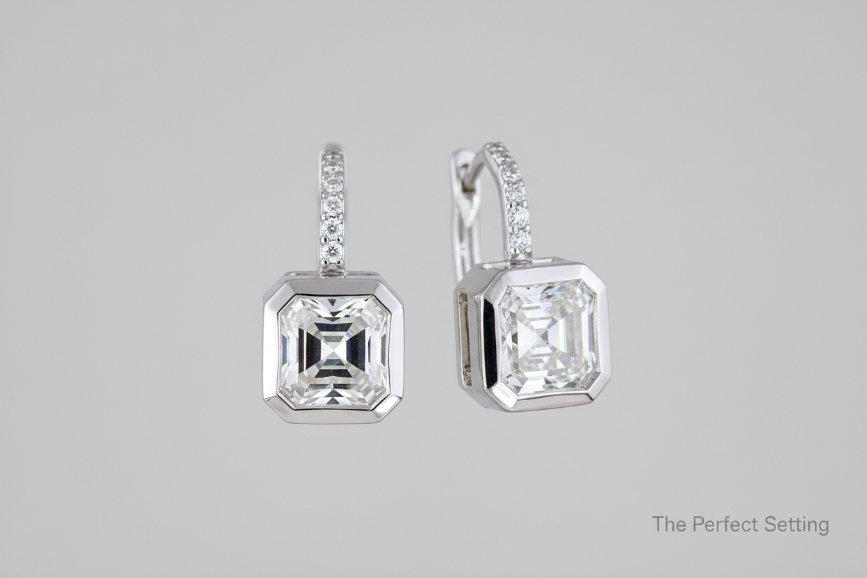 Asscher Diamond Bezel Earrings in 14K White Gold