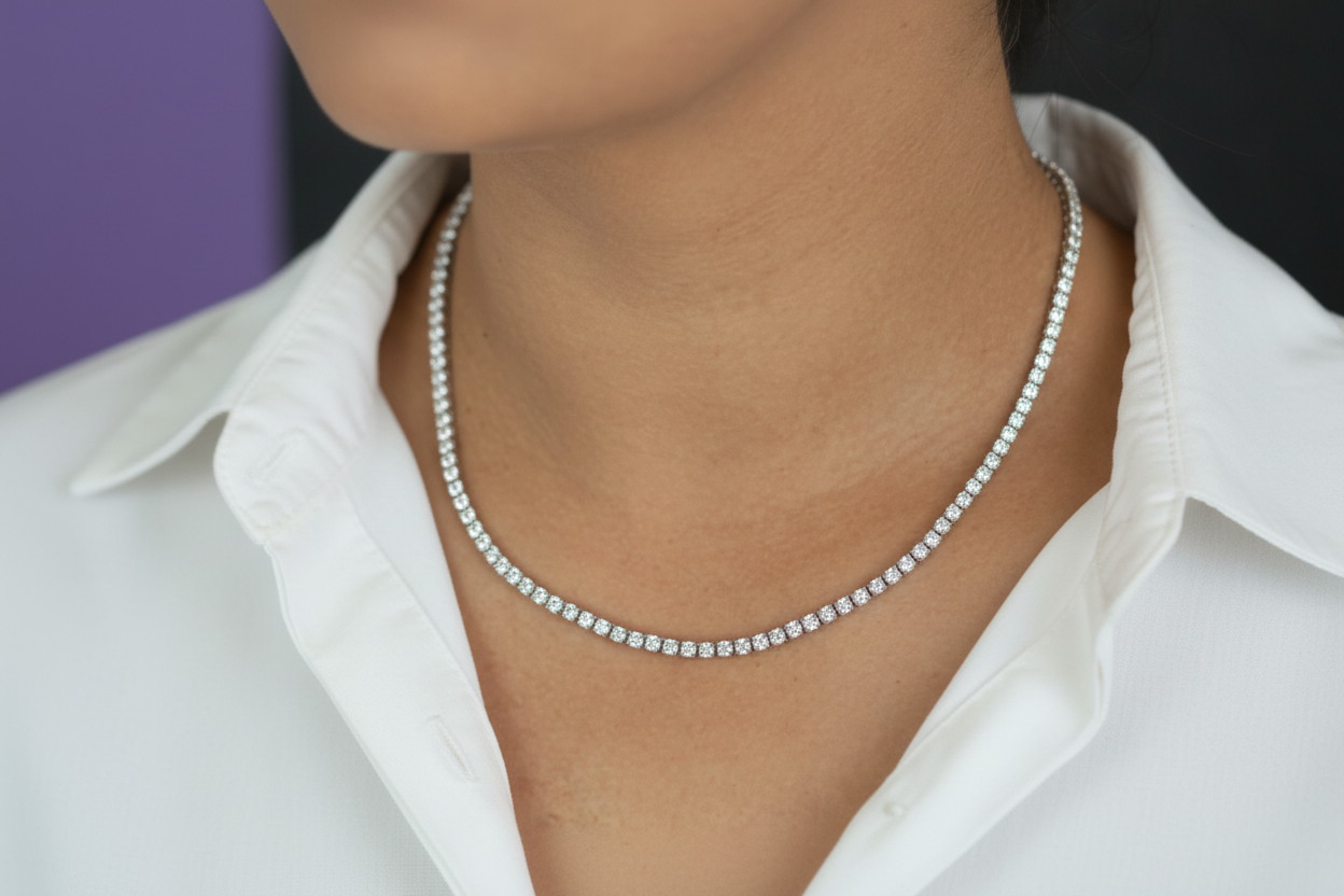 Close-up of a diamond necklace on a person's neck
