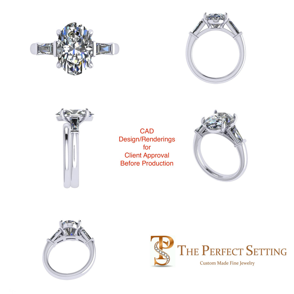 Custom 3 CT Oval Diamond Engagement Ring with Tapered Baguettes - Platinum