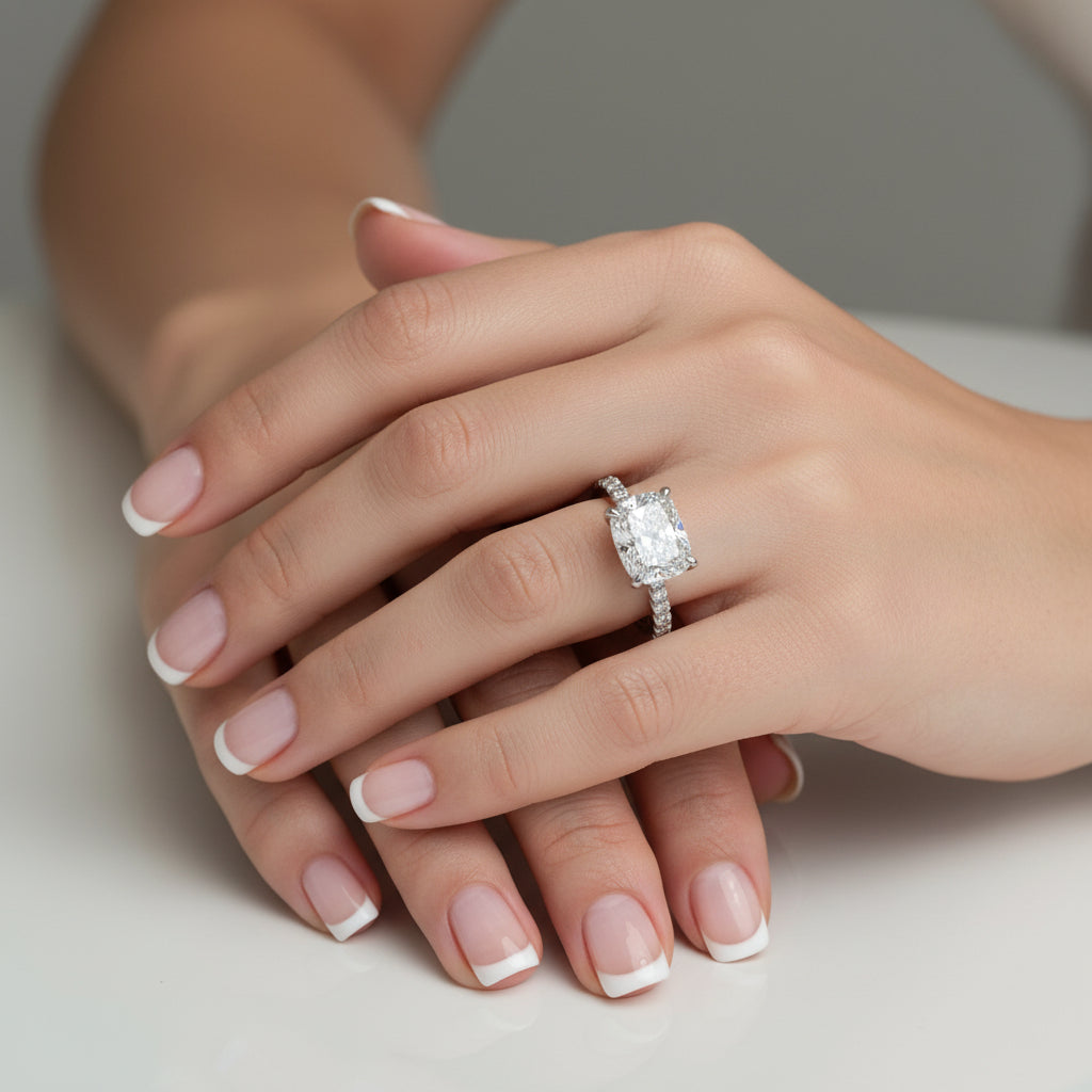 An engagement ring featuring a rectangular radiant-cut diamond center stone in a four-prong setting, with a pavé band set with small round diamonds, shown on a reflective light gray surface.