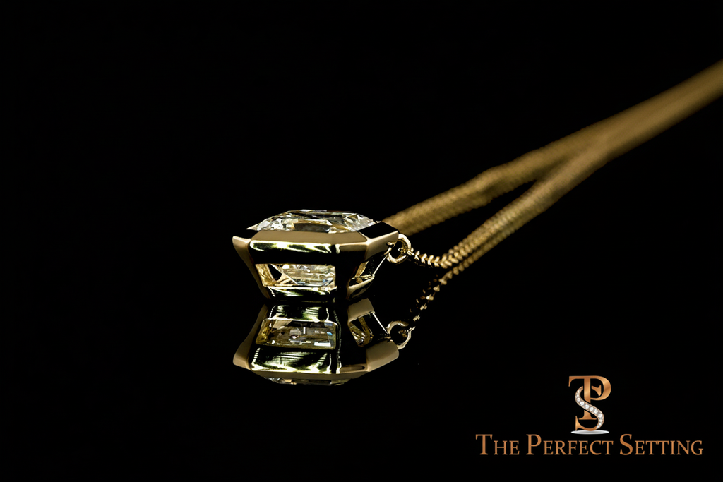 Side view of asscher diamond bezel necklace