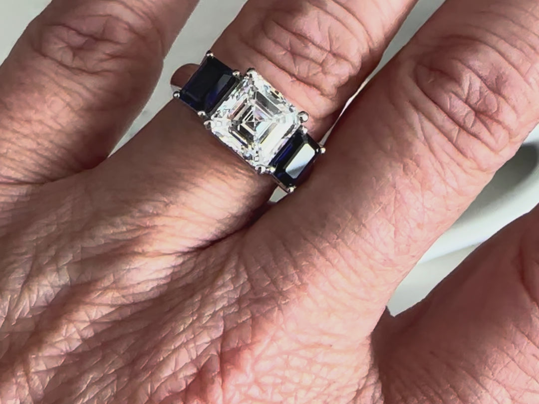 Platinum 3-Stone Engagement Ring | 3.05 ct Asscher Diamond & Sapphires