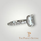 The Perfect Setting, Inc. elongated cushion cut diamond engagement ring with a platinum hidden halo and pavé band.