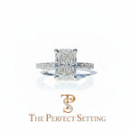 The Perfect Setting, Inc. 2.56 ct elongated cushion cut diamond engagement ring with a platinum pavé hidden halo band.