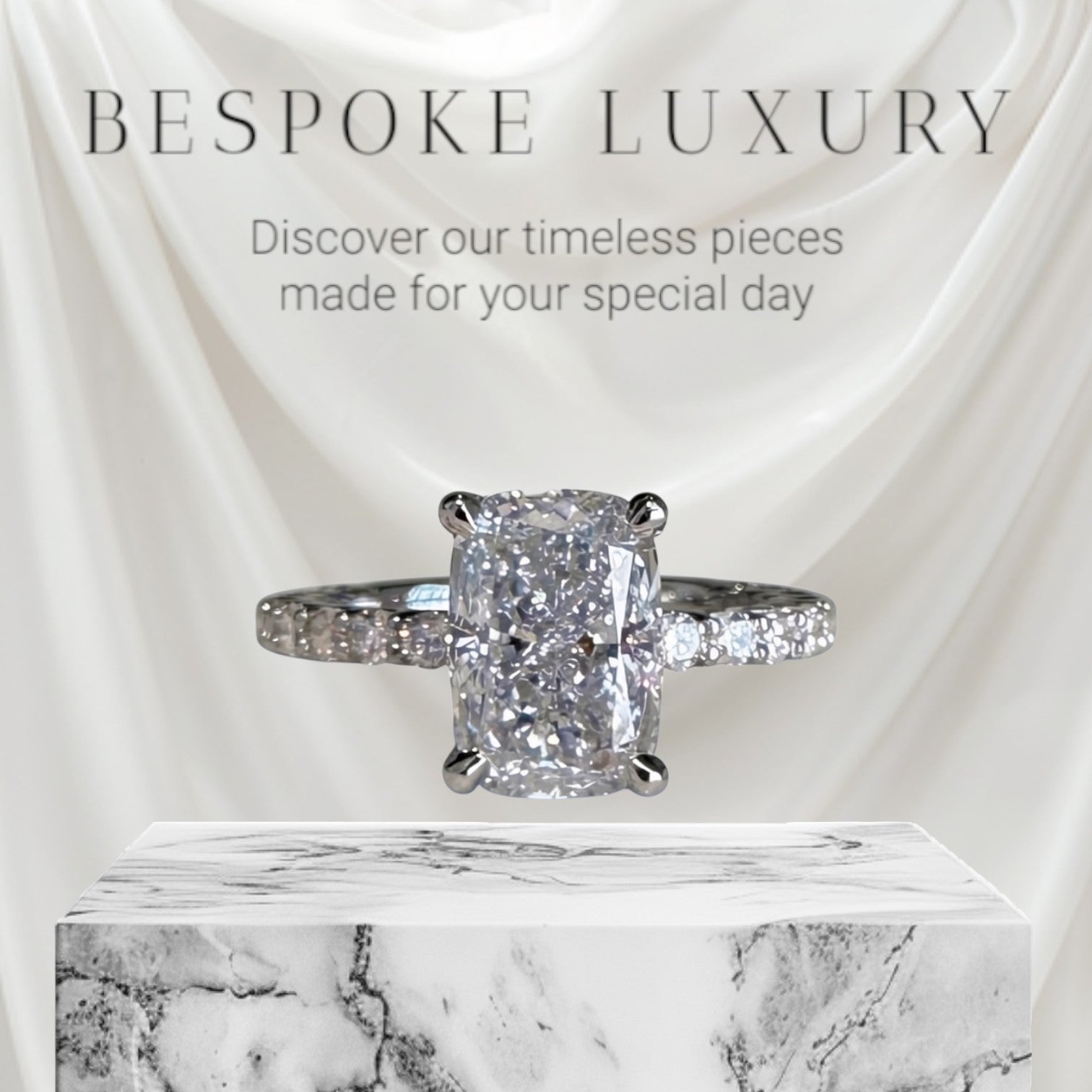 The Perfect Setting, Inc. 2.56 ct elongated cushion cut diamond engagement ring with a platinum pavé hidden halo band.