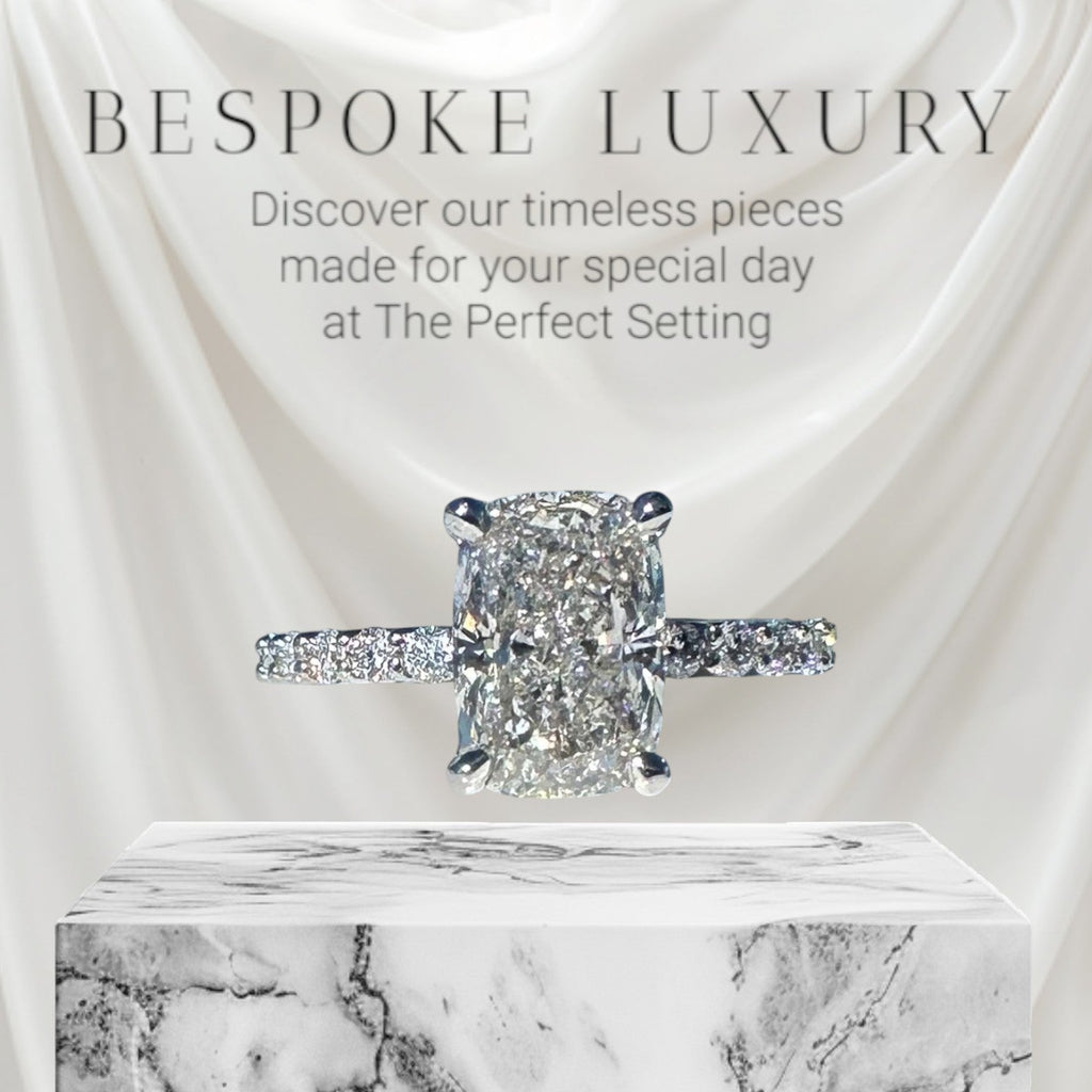 The Perfect Setting, Inc 2.56 ct elongated cushion cut diamond engagement ring with a platinum hidden halo pavé band. bespok