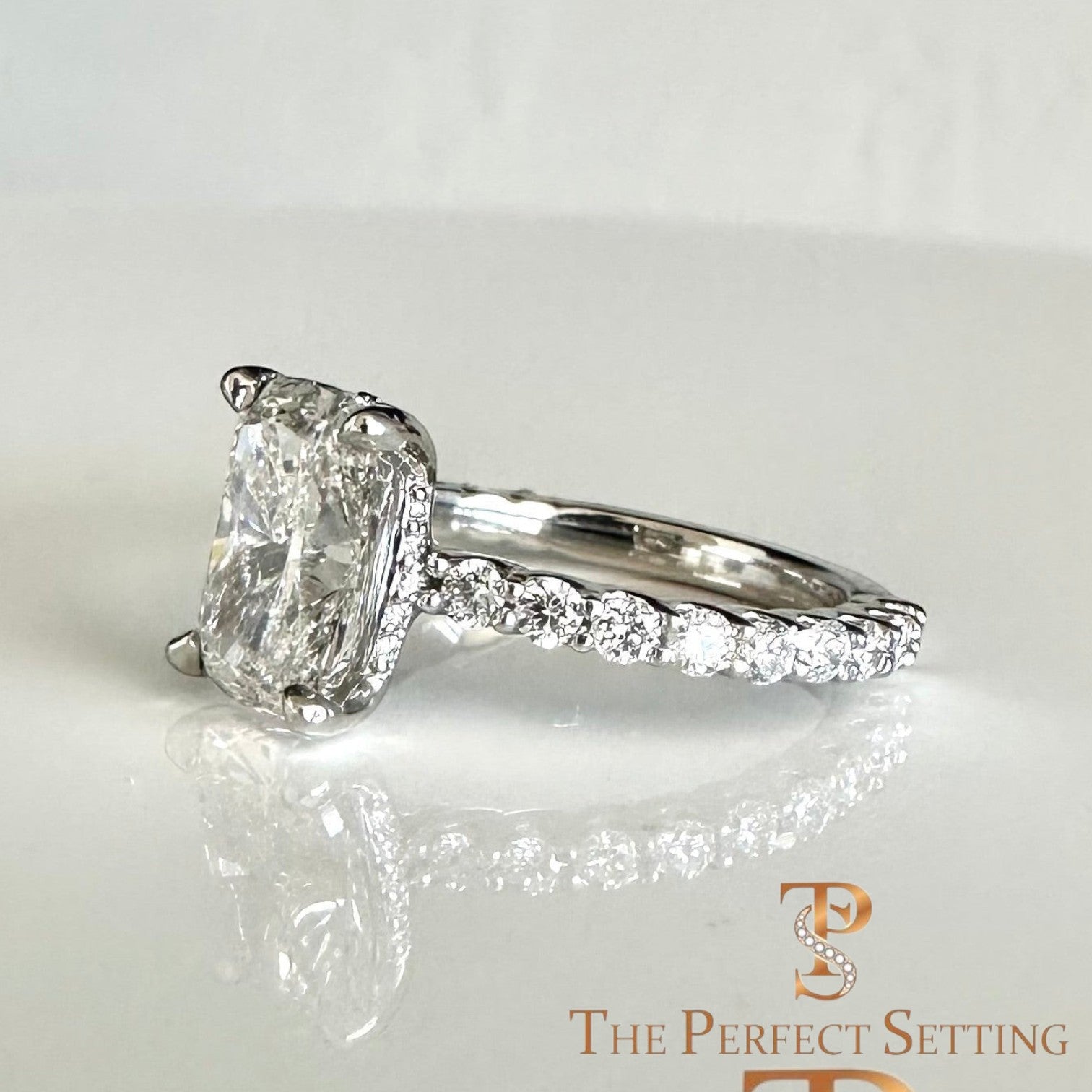 The Perfect Setting, Inc. platinum engagement ring with a 2.56 ct elongated cushion cut diamond and hidden halo pavé.