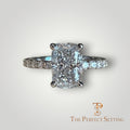 The Perfect Setting, Inc 2.56 ct elongated cushion cut diamond engagement ring with pavé band in platinum