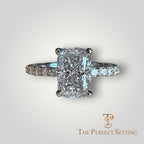 The Perfect Setting, Inc 2.56 ct elongated cushion cut diamond engagement ring with pavé band in platinum