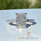 The Perfect Setting, Inc 2.56 ct elongated cushion cut diamond engagement ring in platinum with a pavé hidden halo band outside