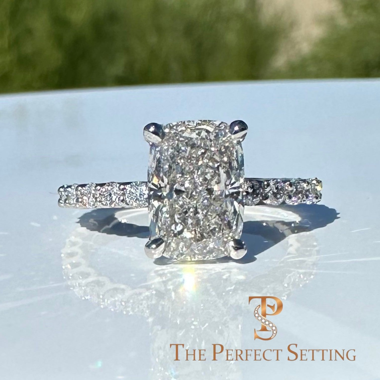 The Perfect Setting, Inc 2.56 ct elongated cushion cut diamond engagement ring in platinum with a pavé hidden halo band outside