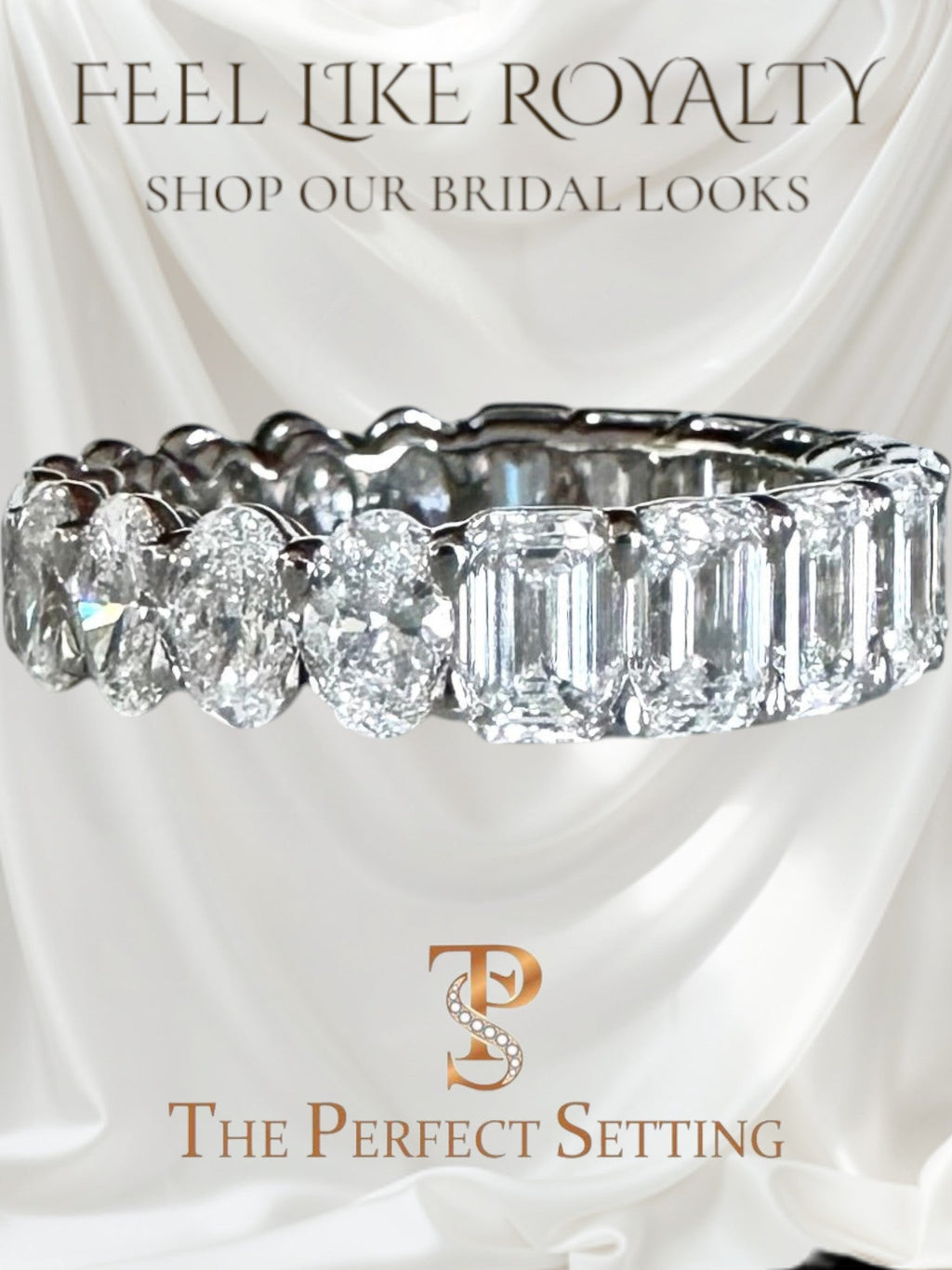 The Perfect Setting, Inc. platinum eternity band featuring alternating emerald and oval cut diamonds.