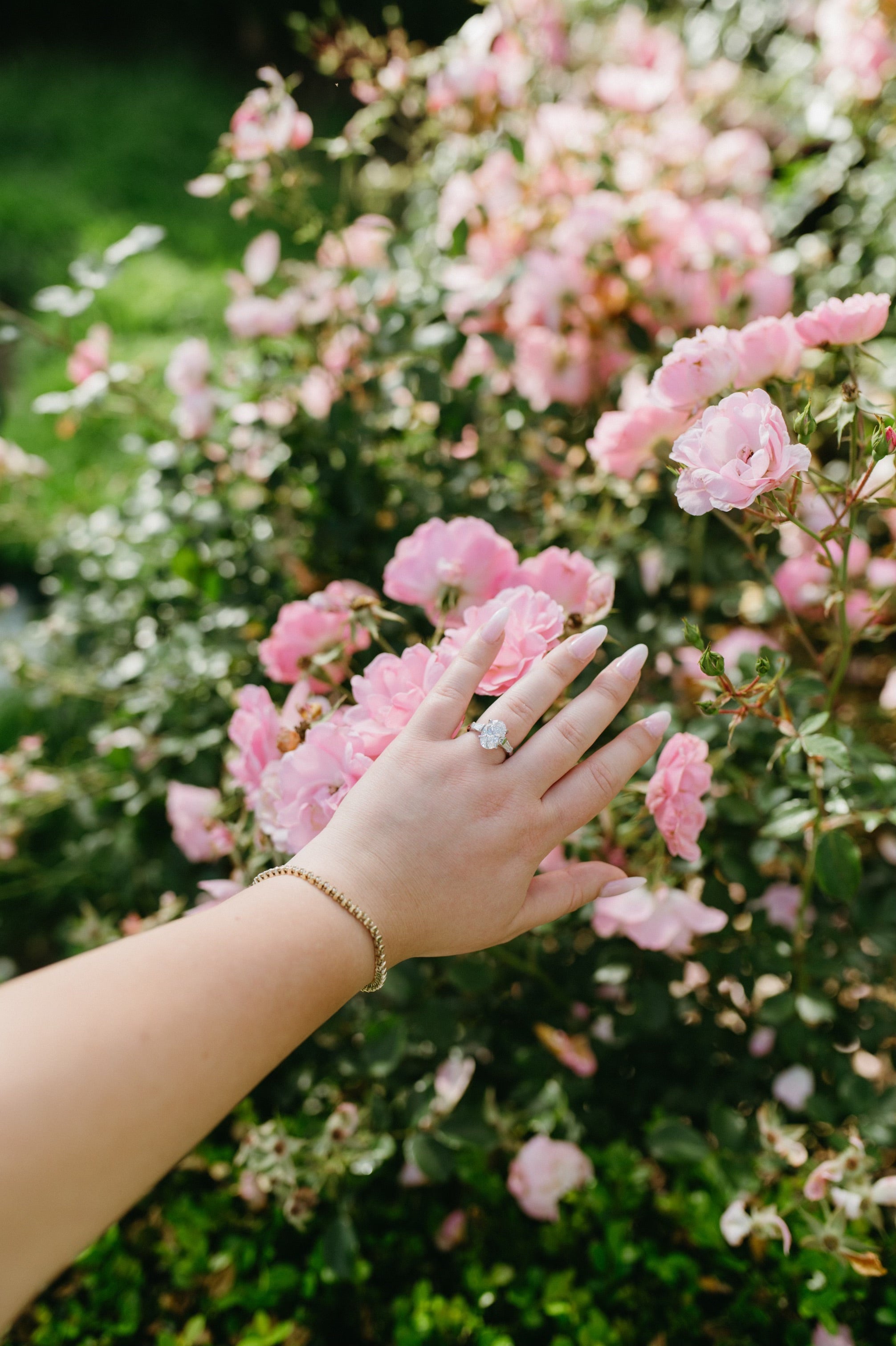 The Perfect Setting, Inc 3 carat oval diamond engagement ring with tapered baguettes on a hand near pink roses