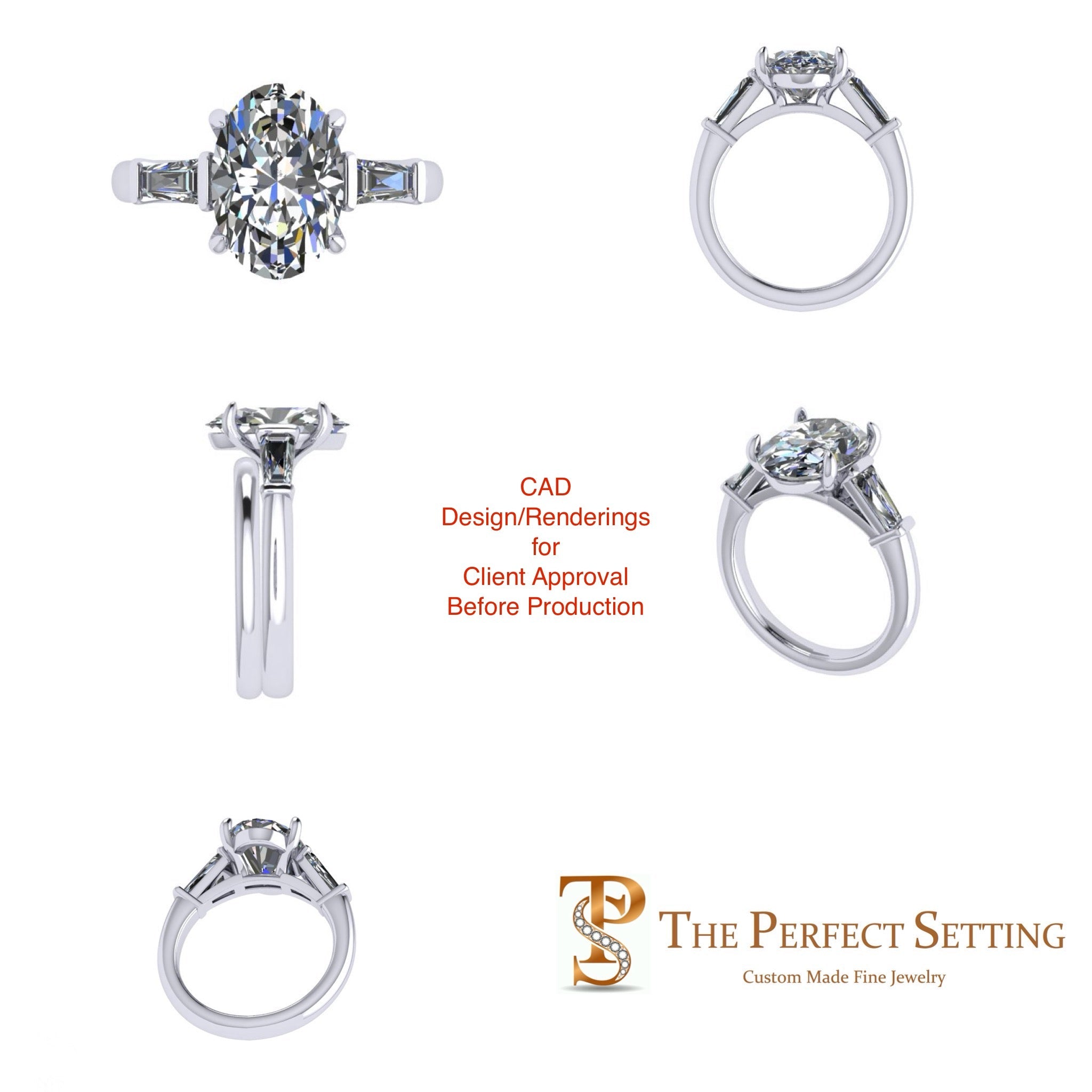 The Perfect Setting, Inc. 3 carat oval diamond engagement ring with tapered baguette side stones in platinum.