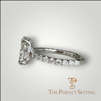 The Perfect Setting, Inc platinum engagement ring with an elongated cushion cut diamond and pavé hidden halo side view