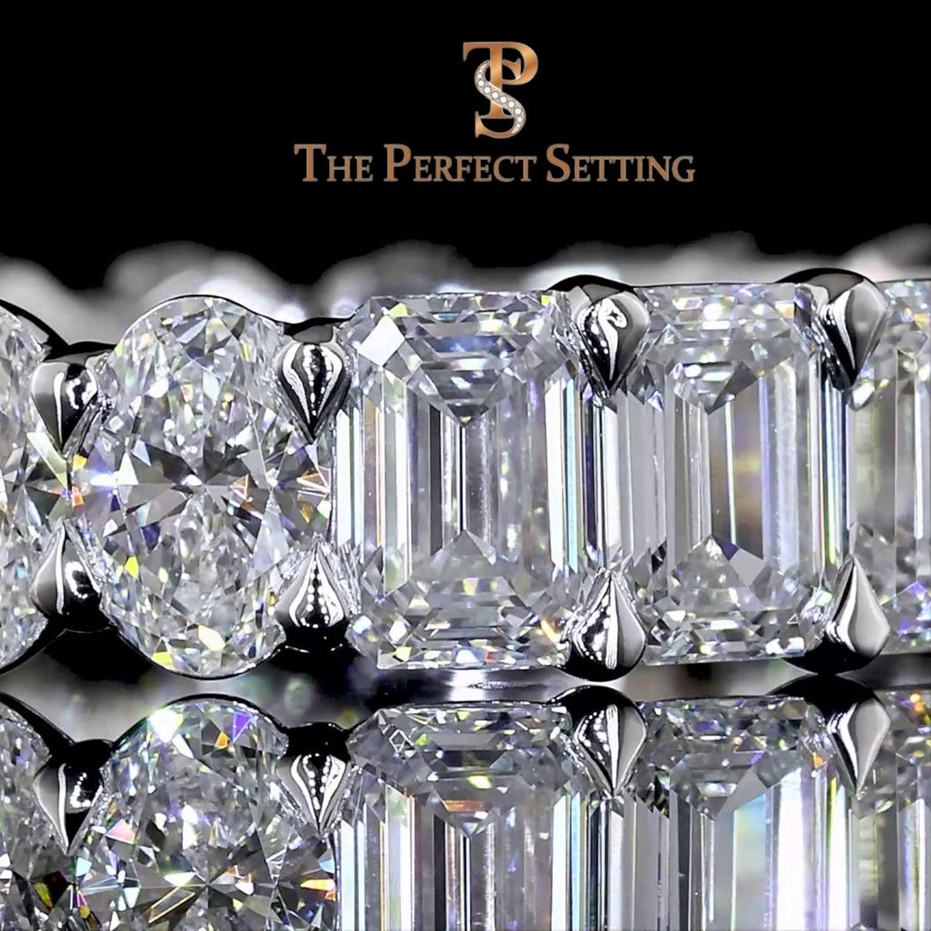 The Perfect Setting, Inc. platinum eternity band featuring alternating emerald and oval cut diamonds in a 5 CTW design.