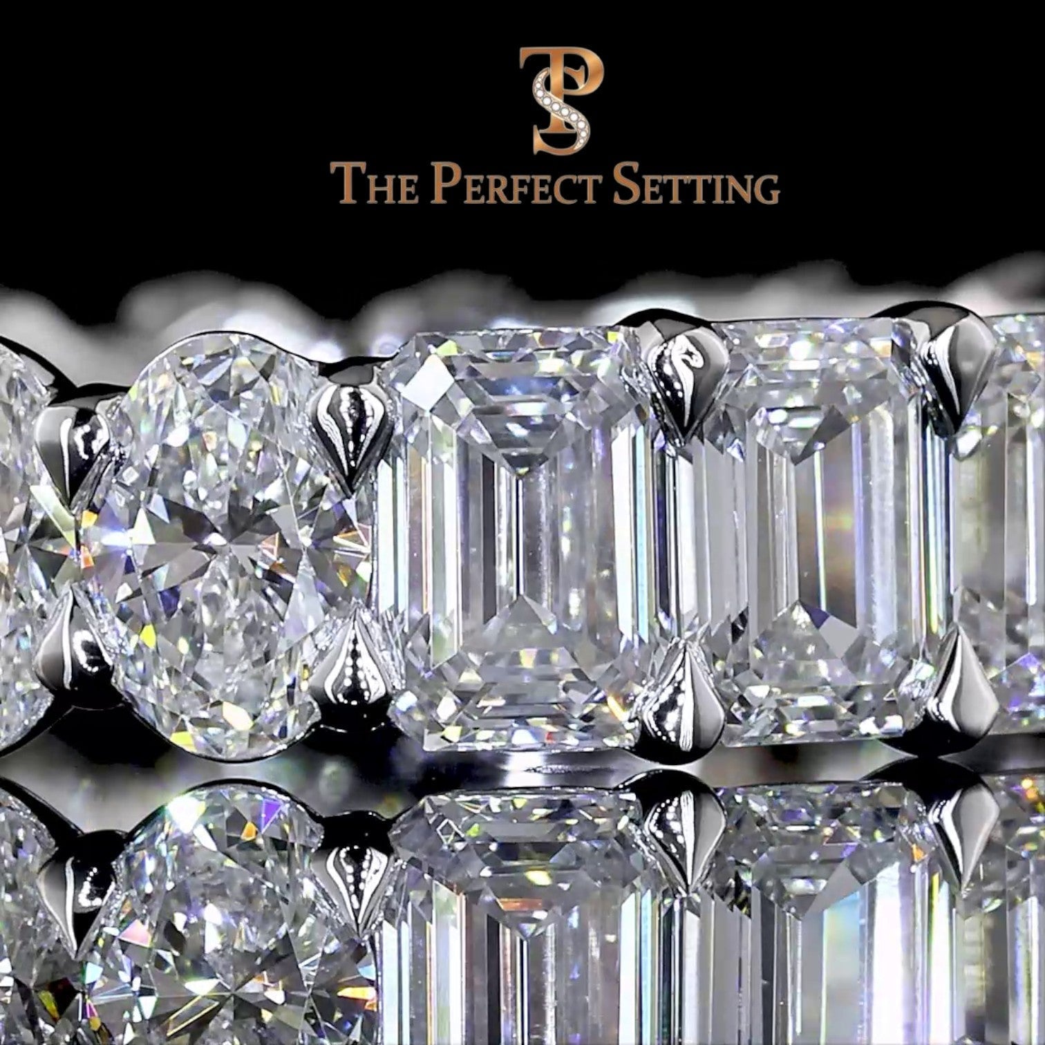 The Perfect Setting, Inc. platinum eternity band featuring alternating emerald and oval cut diamonds in a 5 CTW design.