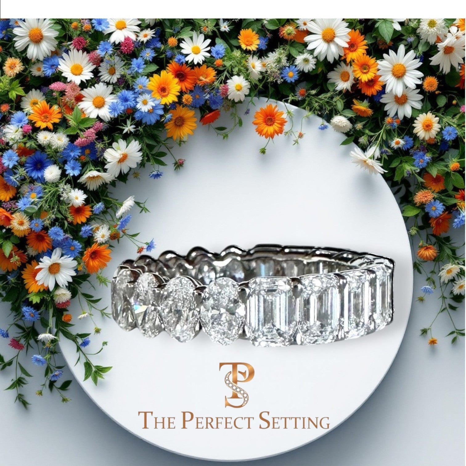 The Perfect Setting, Inc. platinum eternity band featuring alternating emerald and oval cut diamonds on a floral base.