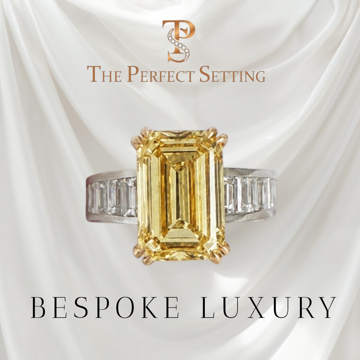 The Perfect Setting, Inc emerald cut vivid yellow diamond engagement ring with baguette side stones on marble pedestal